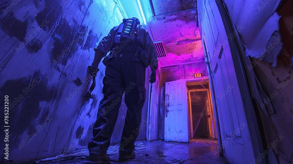 Exterminator armed with a cutting-edge vermin-detection device, illuminated by the eerie glow of UV light. The composition focuses on the intense concentration of the exterminator Exterminator armed with a cutting-edge vermin-detection device, illuminated by the eerie glow of UV light. The composition focuses on the intense concentration of the exterminator