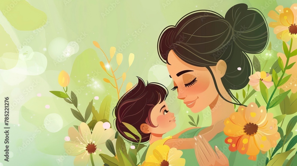 Illustration of mother with her little child, flower in the background. Concept of mothers day Illustration of mother with her little child, flower in the background. Concept of mothers day