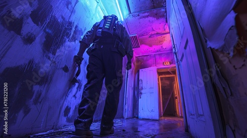 Exterminator armed with a cutting-edge vermin-detection device, illuminated by the eerie glow of UV light. The composition focuses on the intense concentration of the exterminator 