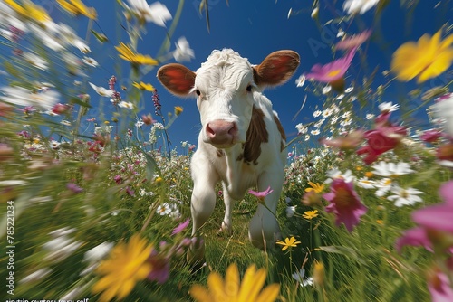 Trip courtesy calf leaps joyfully through a field of wildflowers. High-speed shutter to capture the dynamic movement, infusing the image with a sense of energy reminiscent