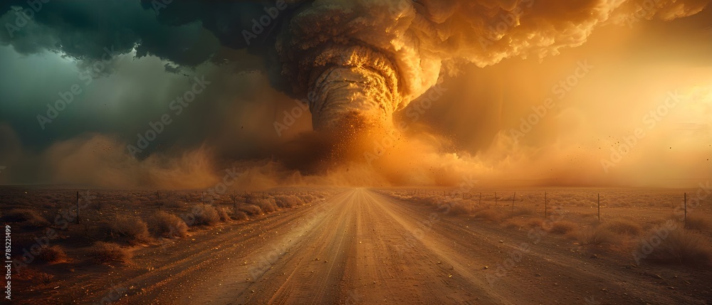 Desert Fury: Tornado's Touch under Amber Skies. Concept Landscape Photography, Dramatic Weather, Nature's Wrath, Storm Chasing, Danger in the Desert - obrazy, fototapety, plakaty 