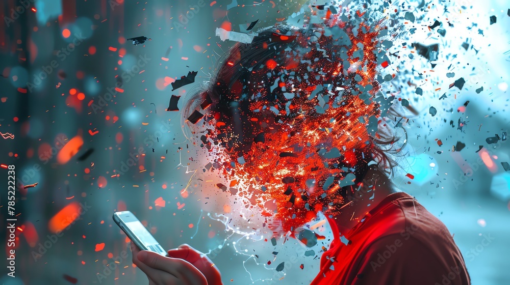 A person being attacked by negative comments flying out of a smartphone, illustrating the impact of social media backlash - obrazy, fototapety, plakaty 