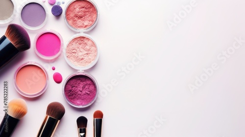 Variety of Cosmetics and Makeup Brushes on White Surface. Generative AI