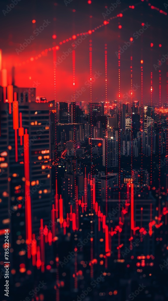 A red and black cityscape with skyscrapers and glowing red lines.
