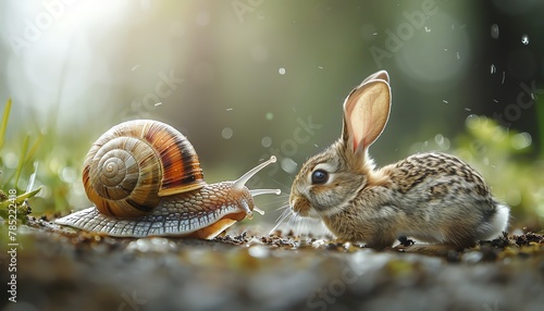 A race between a snail with a company logo and a rabbit with Innovation written on it, illustrating the lag in innovation photo