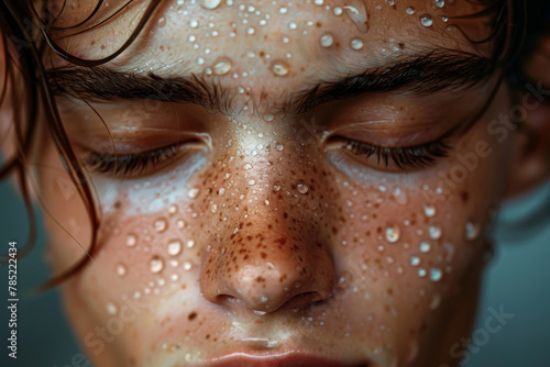 A macro shot capturing the tranquil beauty of a young persons freckled face adorned with crystal-clear water droplets