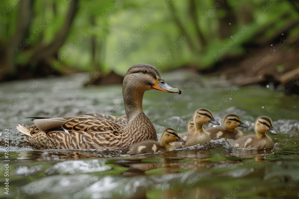 Mother duck with funny ducklings in the pond Mother duck with funny ducklings in the pond