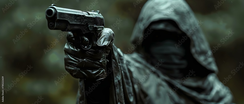 Enigmatic Cloaked Figure Aiming with Sinister Intent. Concept Mysterious Character, Dark Intentions, Cloaked Figure, Aiming Target, Enigmatic Persona Enigmatic Cloaked Figure Aiming with Sinister Intent. Concept Mysterious Character, Dark Intentions, Cloaked Figure, Aiming Target, Enigmatic Persona