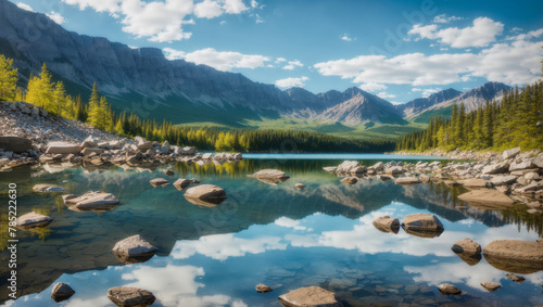 A mountain lake in a valley with large rocks in the foreground and trees on the shore