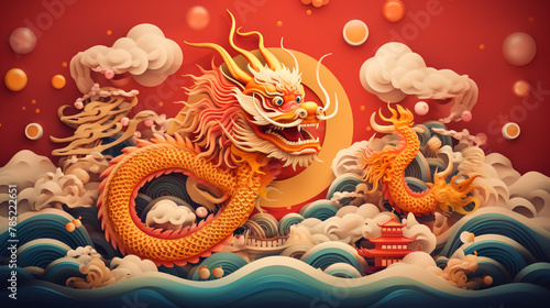Vector illustration of a golden Chinese dragon. Tattoo of asian dragon on red background in asian style. Chinese new year 2024.  © muhammad