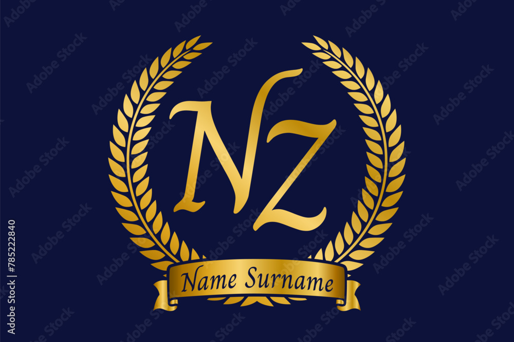 Initial letter N and Z, NZ monogram logo design with laurel wreath. Luxury golden calligraphy font. Initial letter N and Z, NZ monogram logo design with laurel wreath. Luxury golden calligraphy font.