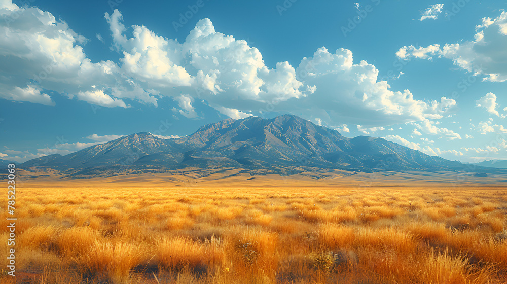Dry Grasslands with Rugged Mountain Scenery,
Bright autumn steppe landscape. Steppe on the background of mountains. Background of agricultural field and mountains