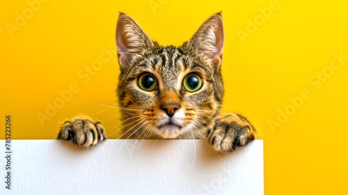 Curious Cat Peering Over Edge, Vivid Yellow Background. Perfect for Pet Campaigns, Clean and Bright Style. Adorable Feline Portrait with Copy Space. AI