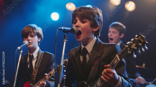 A trio of young boys passionately perform music on stage, with the lead singer in focus, microphone in hand. photo
