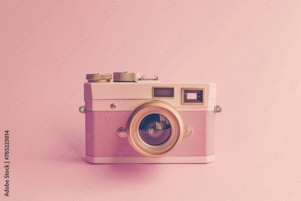 A pink and white camera against a pink background.