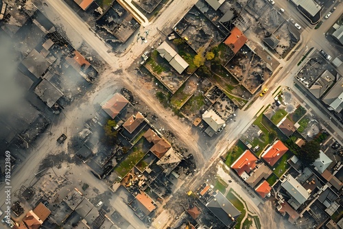 A city street with a lot of houses and cars. The houses are mostly destroyed and the street is covered in ash