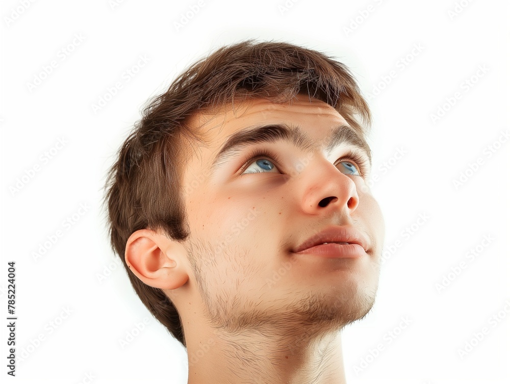 Obraz premium Young man looking up on white background, closeup portrait of face with eyes and eyebrows, handsome young guy, brown hair, studio shot, high resolution photography