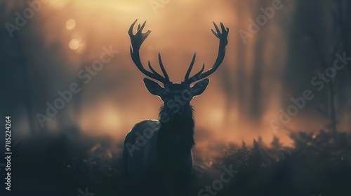 Abstract deer silhouette, forest background, close-up, low angle, ethereal morning mist