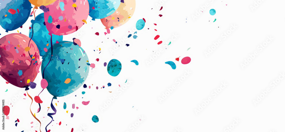 Naklejka premium Acuarela con globos de colores y confeti sobre fondo blanco, concepto celebraciones, cumpleaños y aniversarios