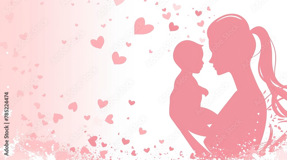 Mother's Day celebration card design with a mother silhouette holding a child and heart symbol. with the text Mother's Day celebration card design with a mother silhouette holding a child and heart symbol. with the text