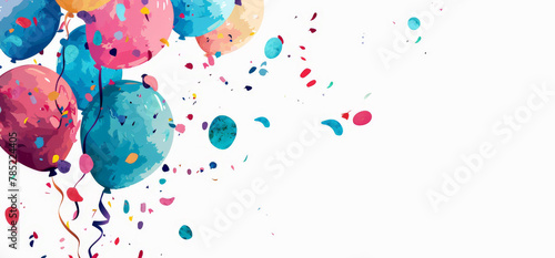 Acuarela con globos de colores y confeti sobre fondo blanco, concepto celebraciones, cumpleaños y aniversarios