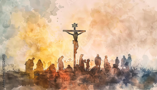 Pintura de acuarela representando la crucifixión de Jesucristo en el monte calvario, rodeado de personas, sobre fondo en tonos amarillos, blancos y grises