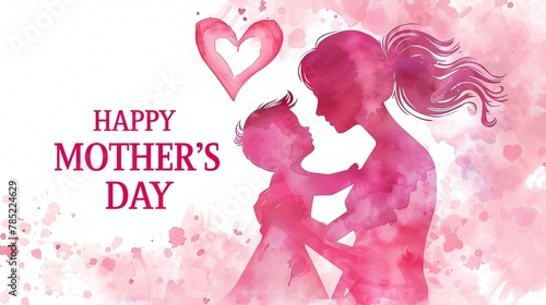 Mother's Day celebration card design with a mother silhouette holding a child and heart symbol. with the text "HAPPY MOTHER'S DAY". 