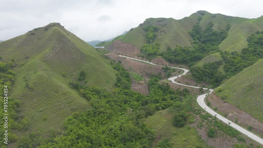A road winds through a lush green forest with a body of water in the background. The scene is serene and peaceful, with the road leading to a beautiful destination A road winds through a lush green forest with a body of water in the background. The scene is serene and peaceful, with the road leading to a beautiful destination