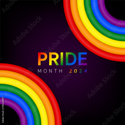 3d Pride month background 2024 banner template, Logo LGBT, LGBTQ, LGBTQIA Pride flag with colorful rainbow. Symbol of pride month june support. LGBTQ+ parade annual summer event, Vector Illustration.