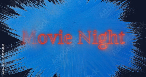 Image of neon orange movie night text over blue banner against black background