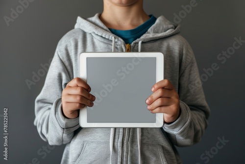 App demo near shoulder of a teen boy holding a tablet with an entirely grey screen