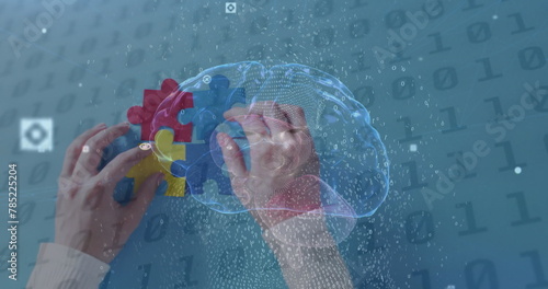 Image of digital brain and data processing over hands holding puzzle pieces on blue background