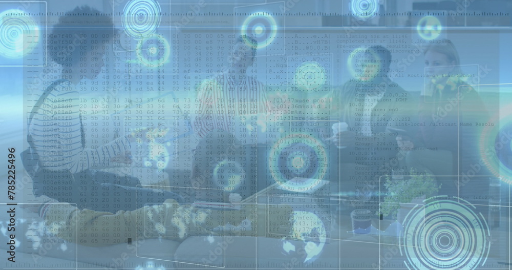 Image of data processing over diverse business people having meeting at office Image of data processing over diverse business people having meeting at office