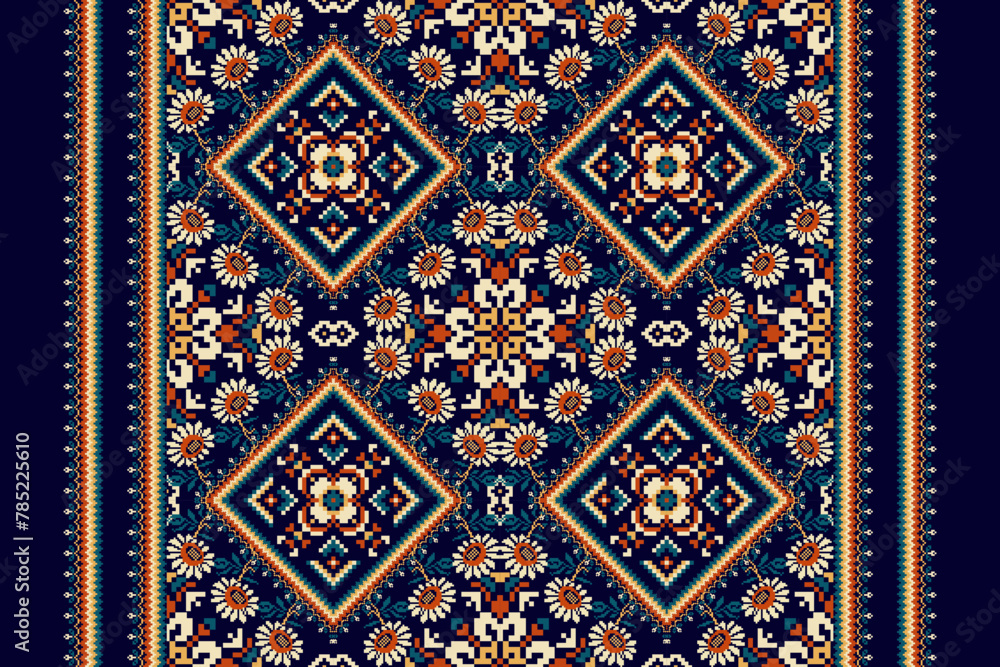 Floral knitted pattern on navy blue background vector.geometric ethnic pattern.