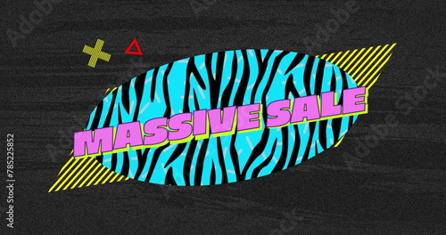 Image of massive sale text on retro speech bubble with abstract shapes