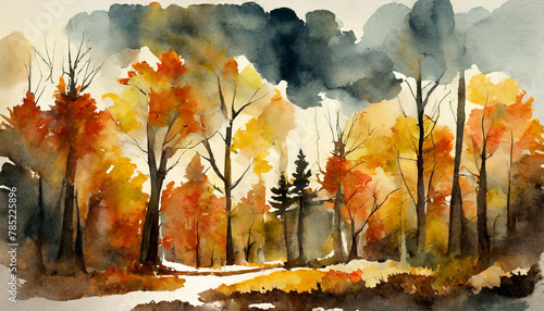 Watercolor painting of autumn forwest