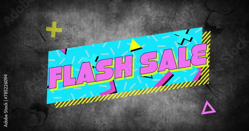 Composite of flash sale text on retro speech bubble with abstract shapes