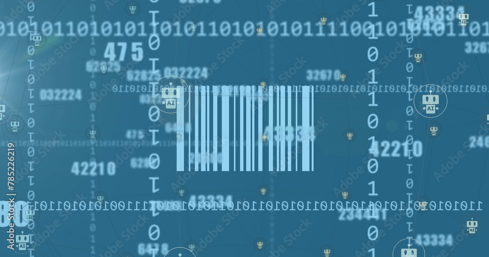 Fototapeta premium Image of changing numbers over icons and qr code against binary codes on blue background