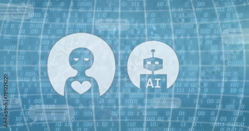 Image of ai text in robot, heart in alien over globe against binary codes on abstract background