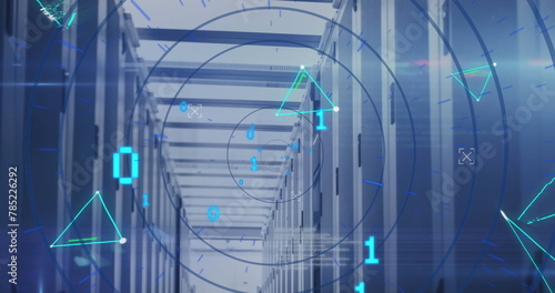 Image of binary codes over circles and connected dots forming shape against server room