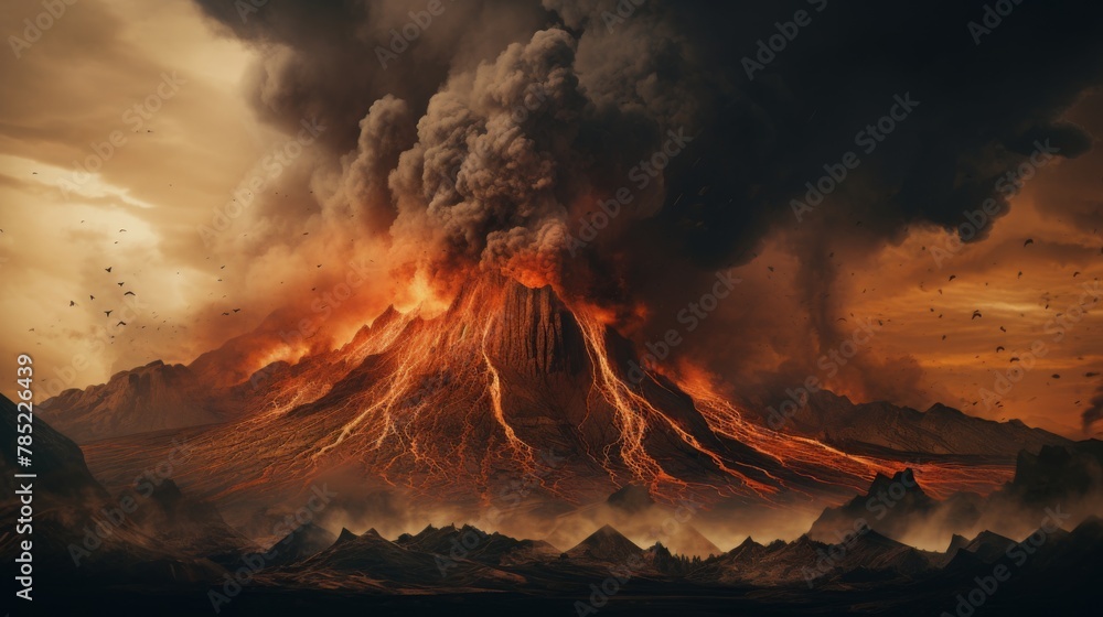 Volcano eruption apocalyptic disaster scene. Eruption of volcano with black smoke.