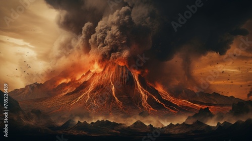 Volcano eruption apocalyptic disaster scene. Eruption of volcano with black smoke. #785226439