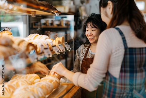A cheerful female baker in an apron hands bread to the customer, who is holding paper bags for takeout or delivery of fresh loaves and pastries at her bakery. photo