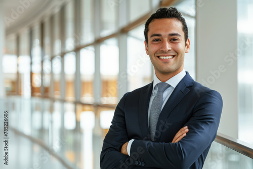 Atractivo hombre latino de negocios con traje azul marino, camisa blanca y corbata, brazos cruzados, con fondo desenfocado de instalaciones empresariales modernas y luminosas