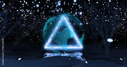 Glowing triangle outline over globe and path lit by lights in tress at night