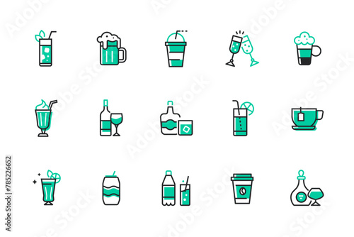 Delicious drinks and menu - set of line design style icons isolated on white background. High quality images of lemonade, beer, champagne, bottle of wine, cognac, tea, glass of coffee and milkshake