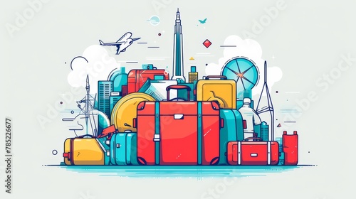 World travel concept isolated on white background. Illustration of a suitcase full of famous monument