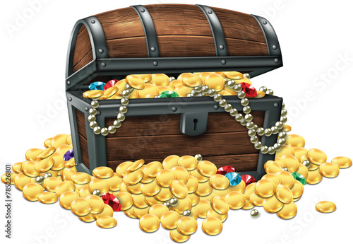 Wooden antique chest full of gold coins and jewelry on a white background. Realistic illustration..