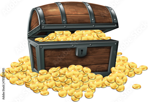 Wooden antique chest  full of gold coins and coins scattered around. Realistic illustration..