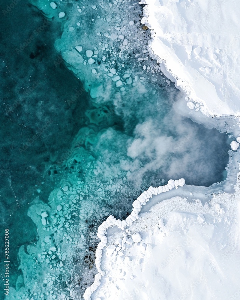 aerial photography in the style of tom hegen of milky glacier pools in iceland in winter, high detail, zoom out